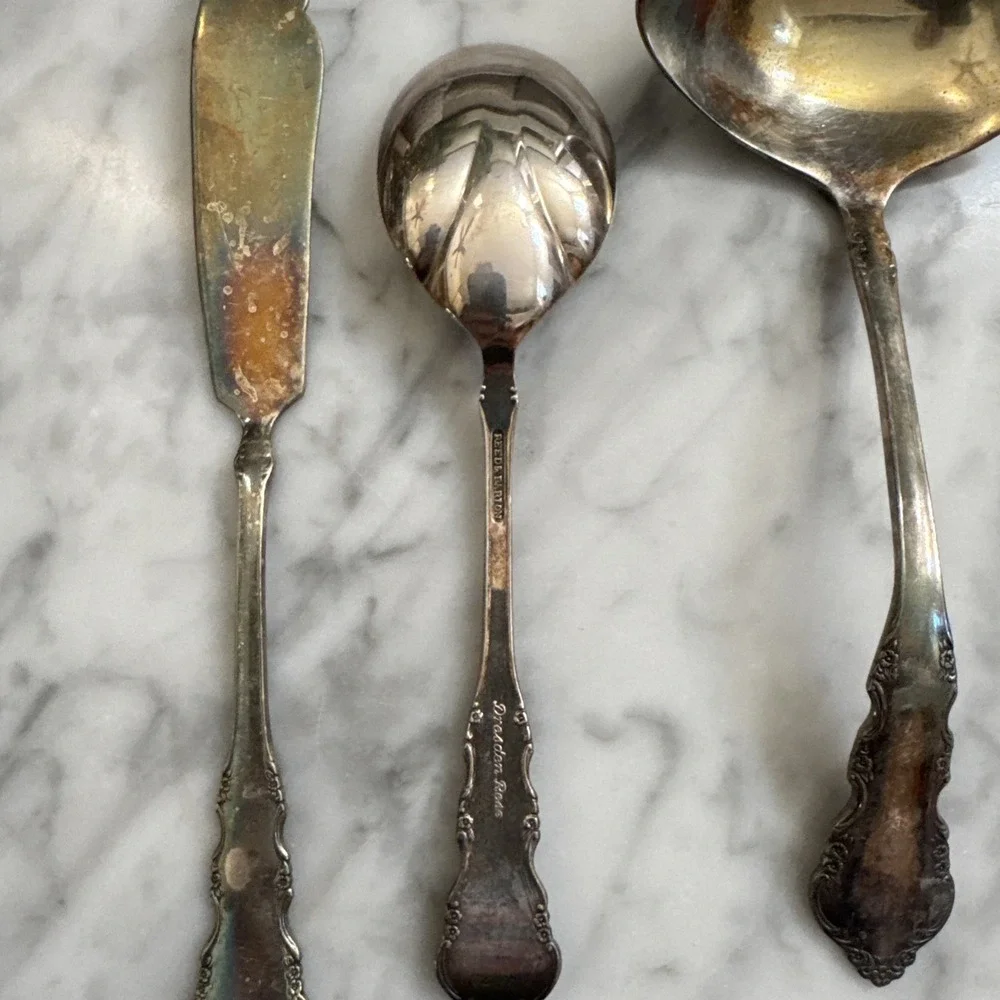 Reed & Barton DRESDEN ROSE 3 Silverplate Serving Pieces Gravy Sugar Butter Knife